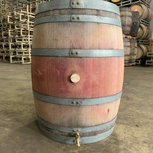 Load image into Gallery viewer, 60g Silver Oak Cellars Wine Rain Barrel w/brass spigot, Teflon tape &amp; wood bung. Heavy duty 110-115+ lb barrels that have 6/8 galvanized steel bands.