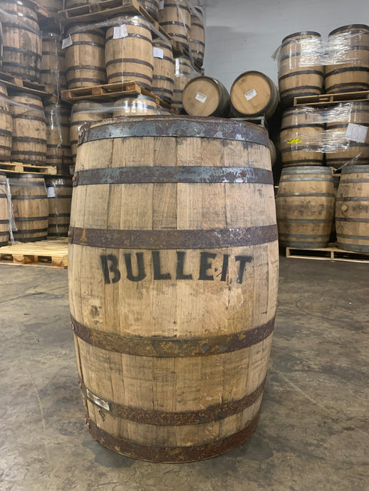 Sale 53g Bulleit Bourbon barrels with large stenciled logo on the side. Head bunged & display quality