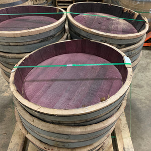 Sale 59g cut red Wine Barrel heads. Approx 6-7 in tall & 35 lbs with 2 bands.